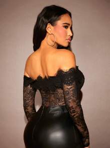 SHEIN SXY 女款露肩蕾絲長袖連身衣 - 黑色 - 查看 2