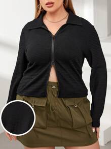 SHEIN Essnce Của phụ nữ Kích thước lớn Đen Kết cấu Chất vải Tay áo dài Áo thun Với Gấp đôi Kết thúc mở Dây kéo - màu đen - Xem 1