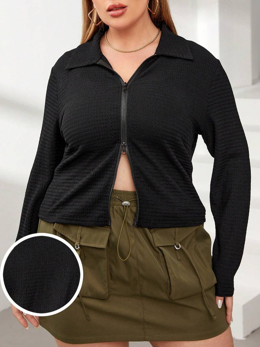 SHEIN Essnce Của phụ nữ Kích thước lớn Đen Kết cấu Chất vải Tay áo dài Áo thun Với Gấp đôi Kết thúc mở Dây kéo - màu đen - Xem 1