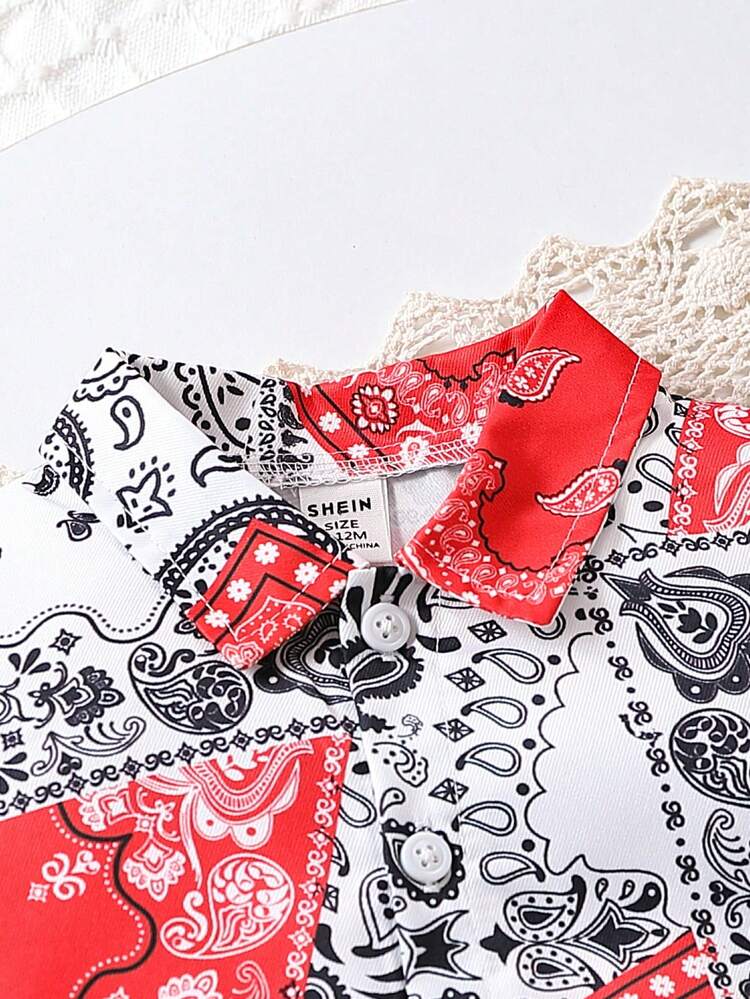 3pcs/Set Baby Girl Paisley Print Short Sleeve Shirt, Shorts, And Solid Ribbed Knit Camisole Tank Top Summer Outfits
