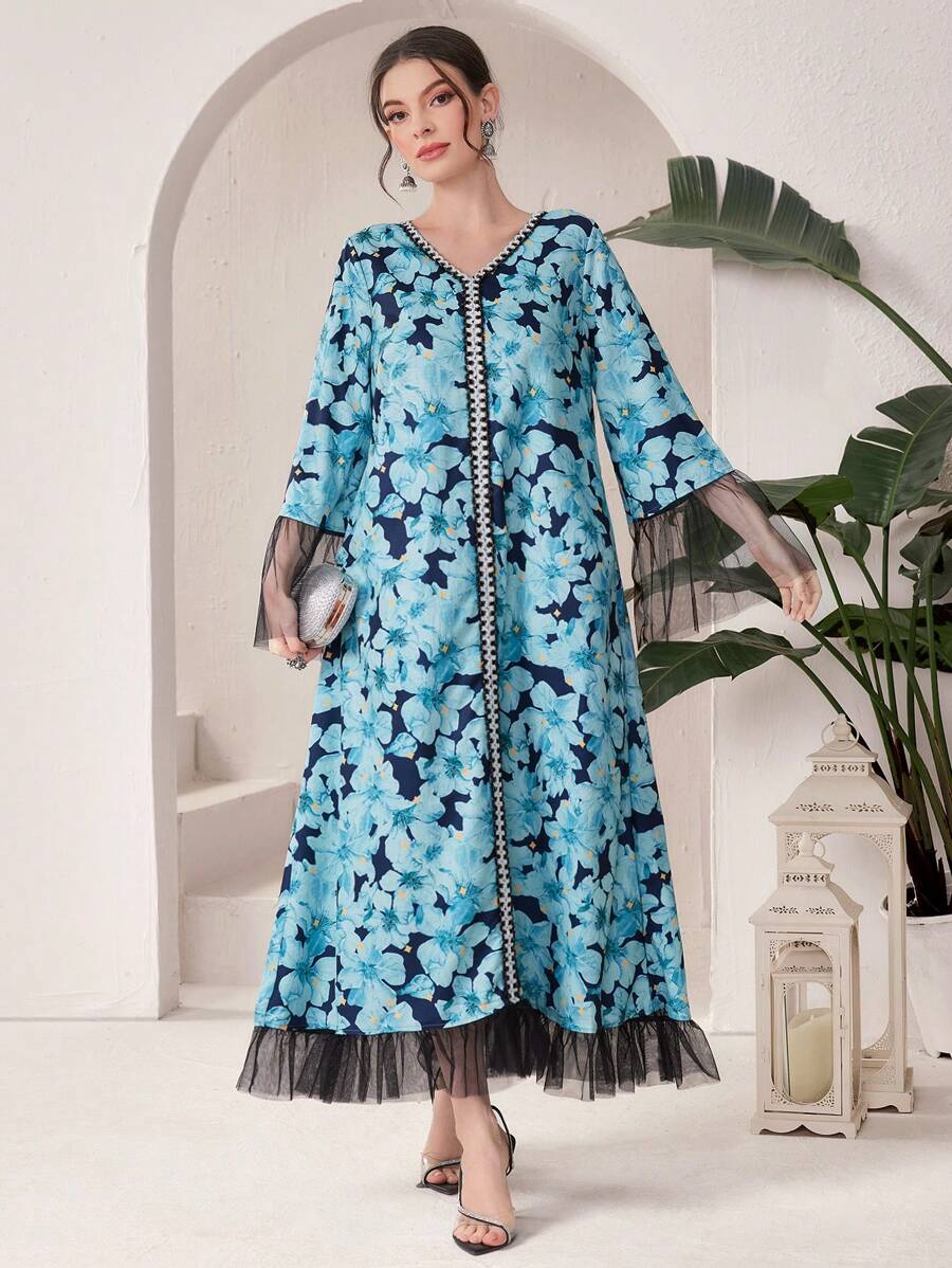 Al Najma Full Printed Mesh Contrast Flare Sleeve Arabian Dress With Floral Print - Multicolor - View 1