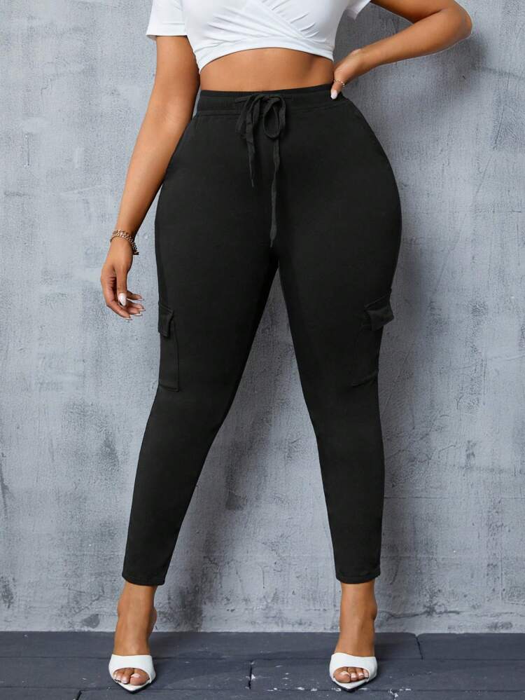Plus Size Plain Color Drawstring Cargo Pants, For Spring & Fall