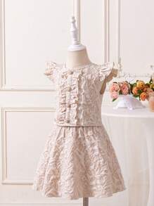 SHEIN Young Girl Ruffle Hem Flower Jacquard Top With Button Decoration And Skirt Two Piece Set - Beige - View 6