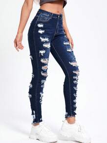 SHEIN Essnce 破洞修身牛仔褲 - 深色水洗藍 - 查看 5