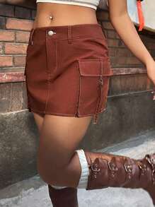 SHEIN EZwear Red Color Jacquard Women's Skirt - Redwood - View 3