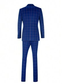 Men Plaid Print Blazer & Waistcoat & Suit Pants - Navy Blue - View 2