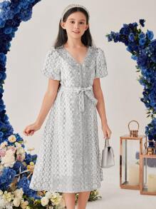 SHEIN Tween Girls' Patchwork Lace Trim Ribbon Puff Sleeve V-Neck Dress - Multicolor - View 8