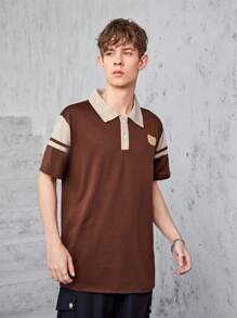 Teenagers (Male) Contrast Color Bear Embroidered Button Half Cardigan Polo Shirt - Multicolor - View 5