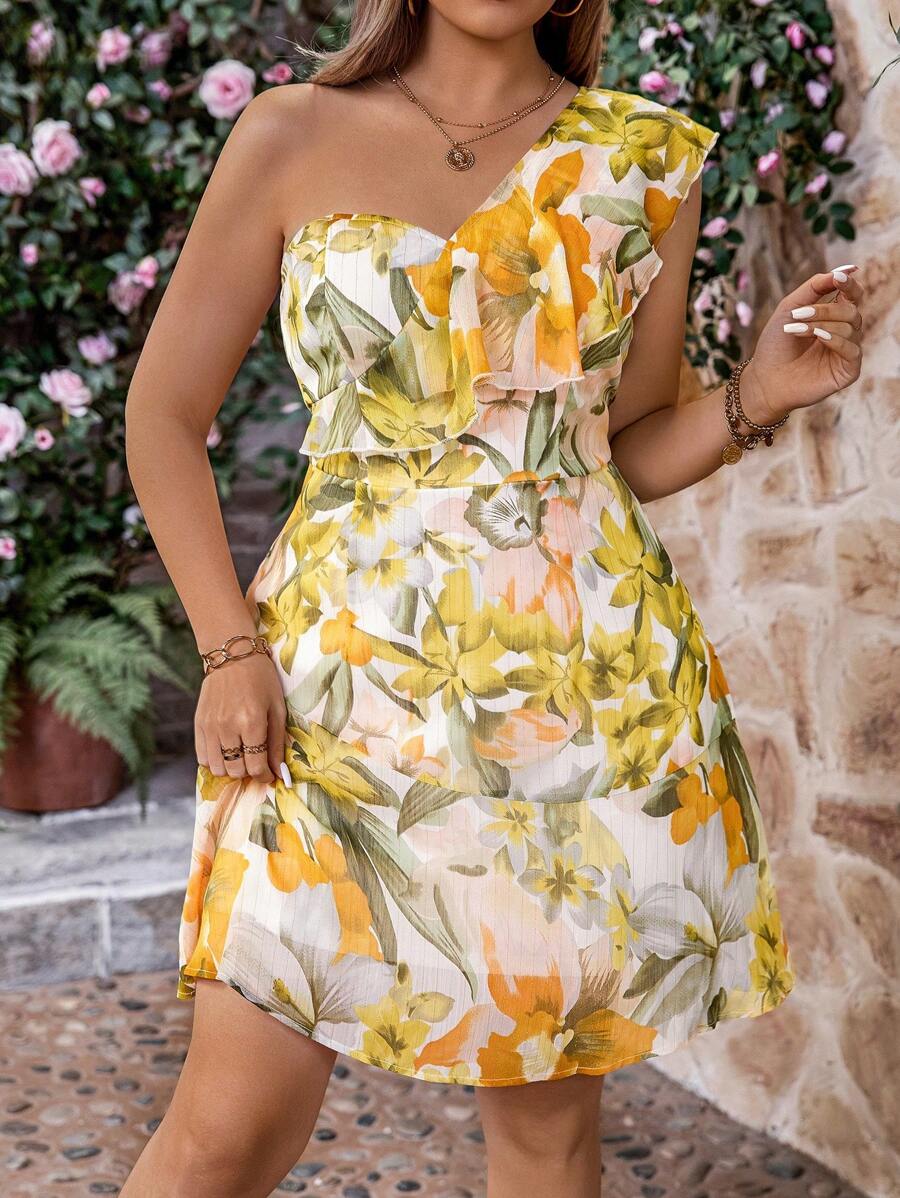 SHEIN Unity Robe sans manches à volants à imprimé floral aléatoire à une épaule, taille grande - Multicolore - Voir 1