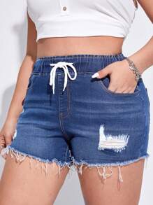 SHEIN EZwear Kích thước lớn Quần short Denim Với dây rút Eo , Chi tiết đau khổ Và Frayed Hem - Màu xanh lam - Xem 6