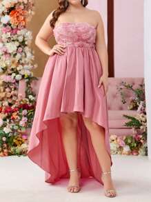 SHEIN Belle Plus Size Strapless Evening Dress With Asymmetrical Hem And 3d Floral Fabric - Pink - View 6