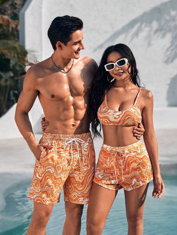 Men's Marble Print Drawstring Waist Beach Shorts