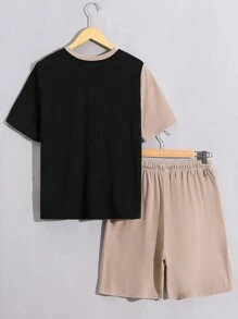 SHEIN Leap Crew Teen Boy Leisure Color Block Round Neck Loose Fit Knitted Two-Piece Set Of T-Shirt And Solid Color Shorts - Multicolor - View 2