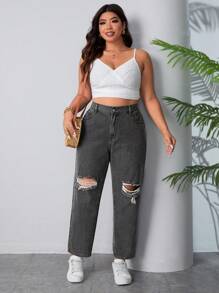 SHEIN EZwear Kích thước lớn Của phụ nữ Đau khổ Denim mùa giặt Denim Quần jean Tapered - Xám - Xem 5