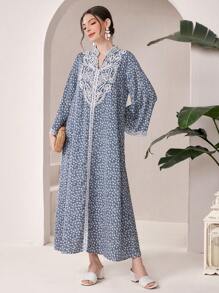 Al Najma Women's Floral Printed Long Sleeve Arabic Style Jalabiya Dress With Notch V-Neck - Multicolor - View 1