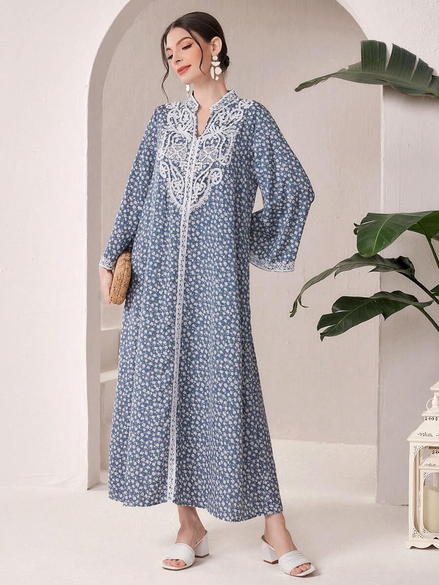 Al Najma Women's Floral Printed Long Sleeve Arabic Style Jalabiya Dress With Notch V-Neck - Multicolor - View 1