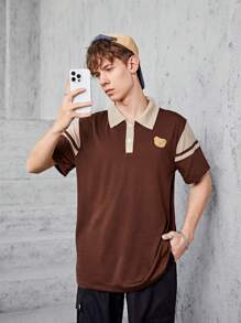 Teenagers (Male) Contrast Color Bear Embroidered Button Half Cardigan Polo Shirt - Multicolor - View 1