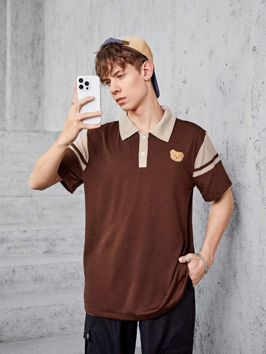 Teenagers (Male) Contrast Color Bear Embroidered Button Half Cardigan Polo Shirt - Multicolor - View 1