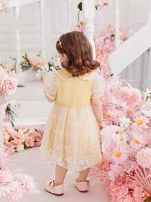 Baby Girl Summer Cute Peter Pan Collar Short Sleeve Mesh Dress - Yellow - View 2