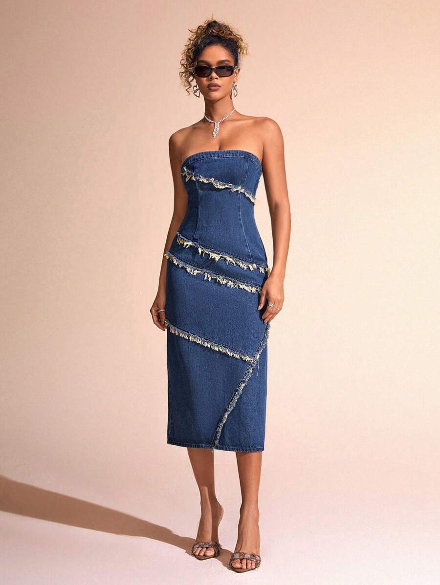 SHEIN BAE Denim Strapless Dress With Frayed Trim - Blue - View 1