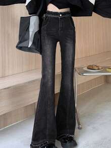 素色磨損邊牛仔喇叭褲