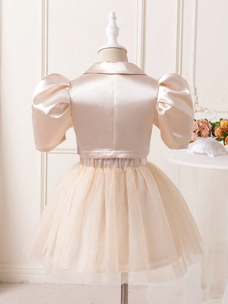 Young Girl'S Three-Piece Set Including Double-Breasted Short-Sleeved Suit Jacket, Spaghetti Strap Tank Top, Waist Head Button Decoration Double-Layer Sequin Mesh Skirt