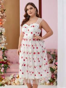 SHEIN Belle 大碼女士雞尾酒派對裙帶有3d花朵,情人節領,蓬鬆裙 - 粉色 - 查看 5