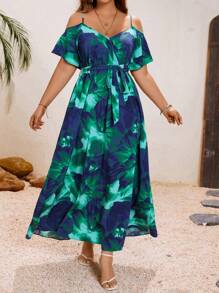 SHEIN VCAY Vestido Longo Romântico de Verão com Grandes Estampa Floral e Ombros de Fora para Mulheres Plus Size - Multicolorido - Visão 5