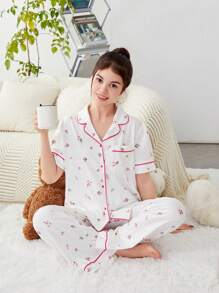 SHEIN Teenage Girls' Woven Colorblock Shirt & Shorts Set With Floral Print And Drawstring, Suitable For Home Wear - White - View 1