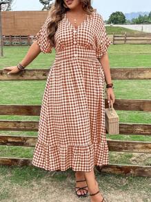 SHEIN SunnyBelle Đầm Plus Size Viên lá sen Nút phía trước Kẻ sọc Giải trí - trái cam - Xem 3