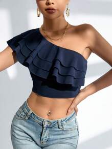 SHEIN Privé Women's Solid Color Asymmetrical Neckline Ruffle Hem Crop Top - Navy Blue - View 3