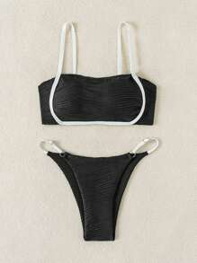 SHEIN Swim 女士拼色比基尼套装带边狂欢节夏季 - 黑與白 - 查看 5