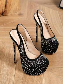 2024 女士高跟鞋，封闭式鞋头，水钻细节，防水厚底，时尚低帮鞋，粉色 - 黑色 - 查看 4