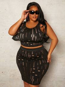 Slaydiva Plus Size Women'S Hollow-Out Tight-Fitting Two-Piece Set - Black - View 3