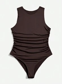 SHEIN Essnce 3 件大尺寸圓領荷葉邊露背連身衣 - 駝色 - 查看 10