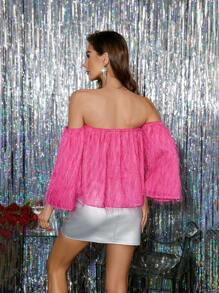 Aveloria Blusa Feminina Com Detalhe De Franjas Nos Ombros Descobertos - Rosa chiclete - Visão 2