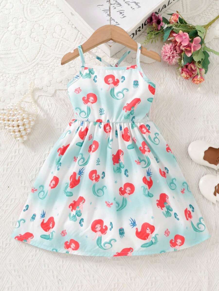 SHEIN 少女休閒度假無袖Cami裙，魚尾紋印花，彈性腰帶，A字形裙裝適用於夏季 - 綠色 - 查看 1