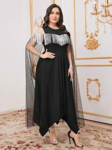 Modelyn Plus Size Women's Off Shoulder Patchwork Tassel Dress Long Evening Dresses - Black - View 6