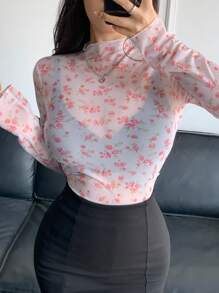 DAZY Của phụ nữ Phong cách Vintage In hoa Lưới trong suốt Top Cây trồng - Hồng - Xem 6