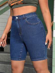SHEIN ICON Plus Size Women'S Tight Long Denim Shorts - Blue - View 3