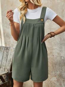 SHEIN LUNE Women's Summer Solid Color Pleated Jumpsuit Without Sleeveswork Clothes - Green - View 1
