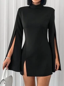 SHEIN Cottnline Mock Neck Split Sleeve Split Hem Dress - Black - View 4