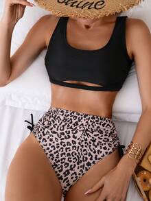 SHEIN Swim Women's Backless Camisole Bra And Leopard Print Drawstring Side-Tie Briefs Bottom Bikini Set Music Festival, For Summer Beach Vacation - Multicolor - View 7