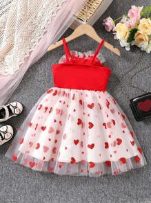 SHEIN Young Girl Heart Printed Mesh Spaghetti Strap Dress