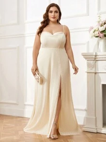 SHEIN Belle Kích thước lớn Thanh lịch Dây đeo Mì Ý  Áo cổ bò Dệt Xu hướng: Cắt giảm Hoa Cái nĩa cao A-line Váy phù dâu - Màu vàng - Xem 1