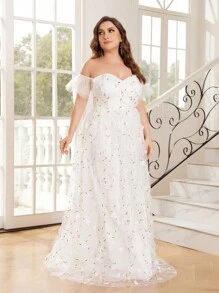 SHEIN Belle Plus Size Women'S Off-Shoulder Three-Dimensional Floral Embroidery Romantic And Sweet Ruffle Sleeve Wedding Dress - White - View 7