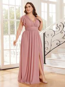 SHEIN Belle Kích thước lớn Váy phù dâu Với Cổ chữ V , Xếp li Eo Và Vắt Váy - Bụi hồng - Xem 2