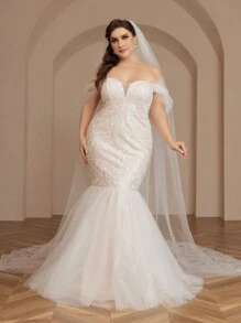 SHEIN Belle Vestido De Noiva Estilo Sereia Com Lantejoulas Barrocas Plus Size - Branco - Visão 6