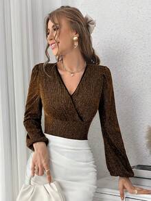 SHEIN Privé Women's Lantern Sleeve Wrap-Front Bodysuit - Gold - View 4