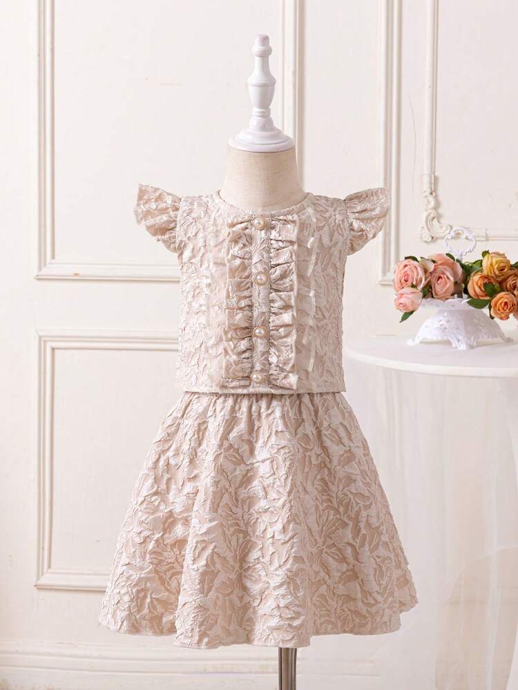 Young Girl Ruffle Hem Flower Jacquard Top With Button Decoration And Skirt Two Piece Set